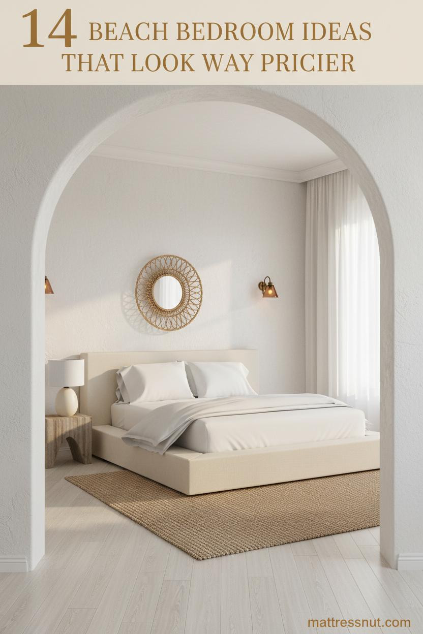 Coastal bedroom with whitewashed plaster arch, ivory linen bedding, chunky jute rug, rattan wall hanging, and warm amber sconce light