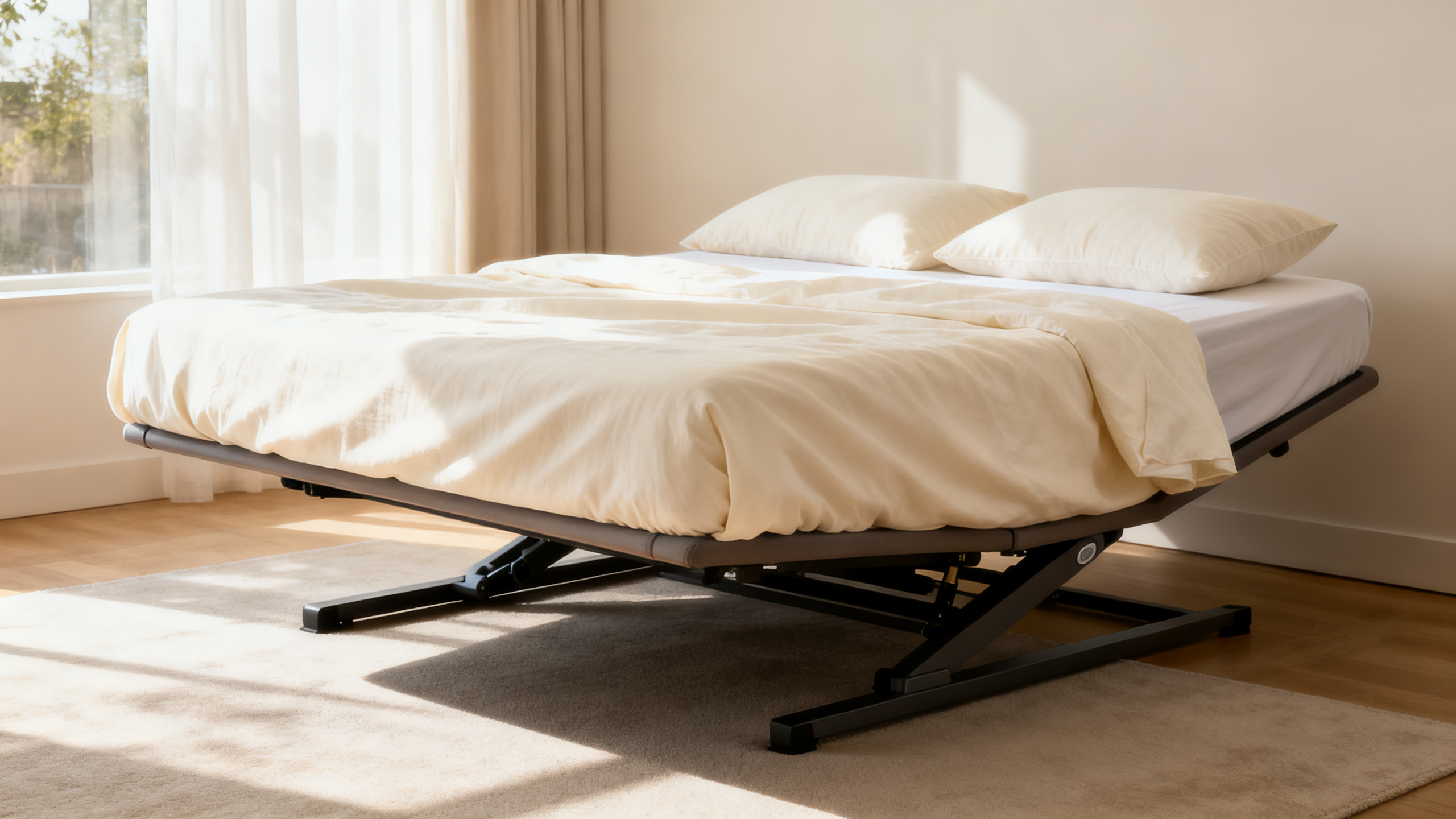 Adjustable bed frame in raised position, calm modern bedroom — MattressNut Sleep Lab