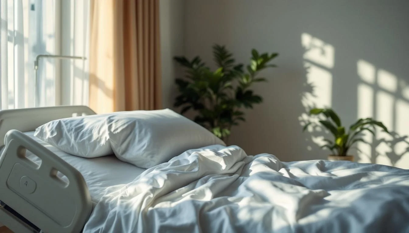 Adjustable hospital-style bed in clean home bedroom with white sheets and soft daylight - ideal for home medical care
