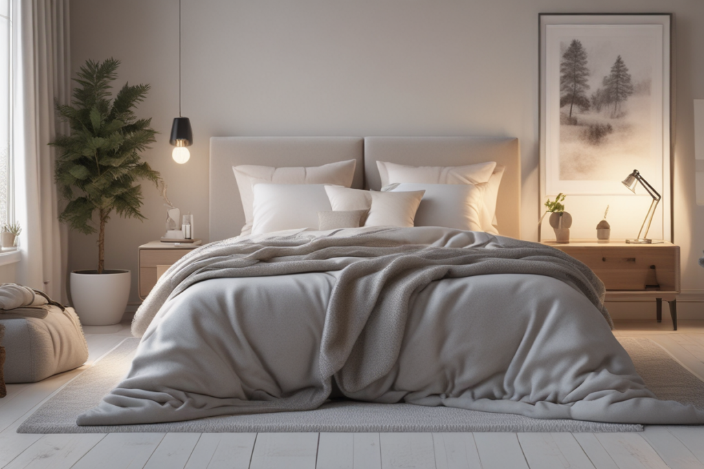 Warm cozy bed with thick layered blankets in modern bedroom winter scene