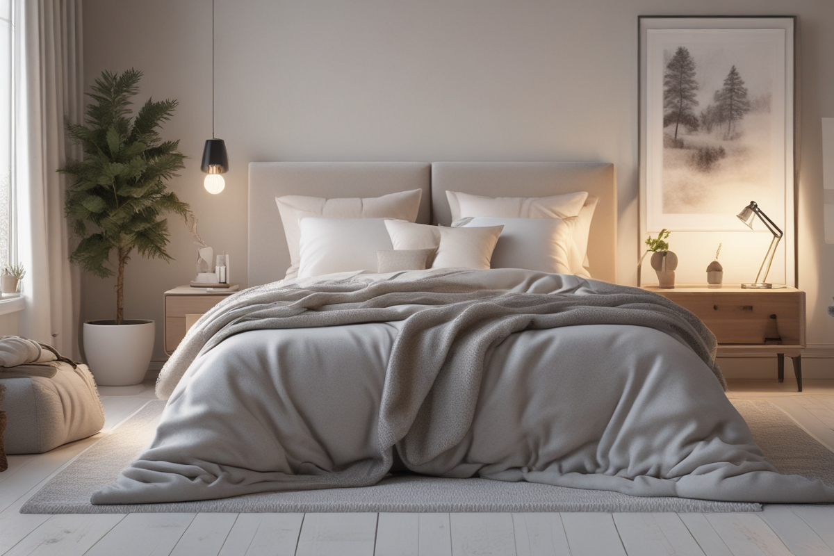 Warm cozy bed with thick layered blankets in modern bedroom winter scene