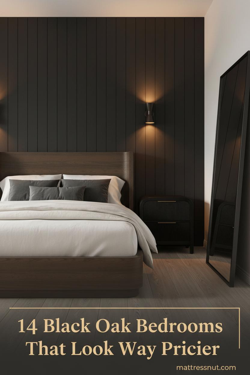 Matte black board-and-batten headboard wall with bleached oak floors, ivory linen bedding, charcoal pillows, and warm amber sconce lighting