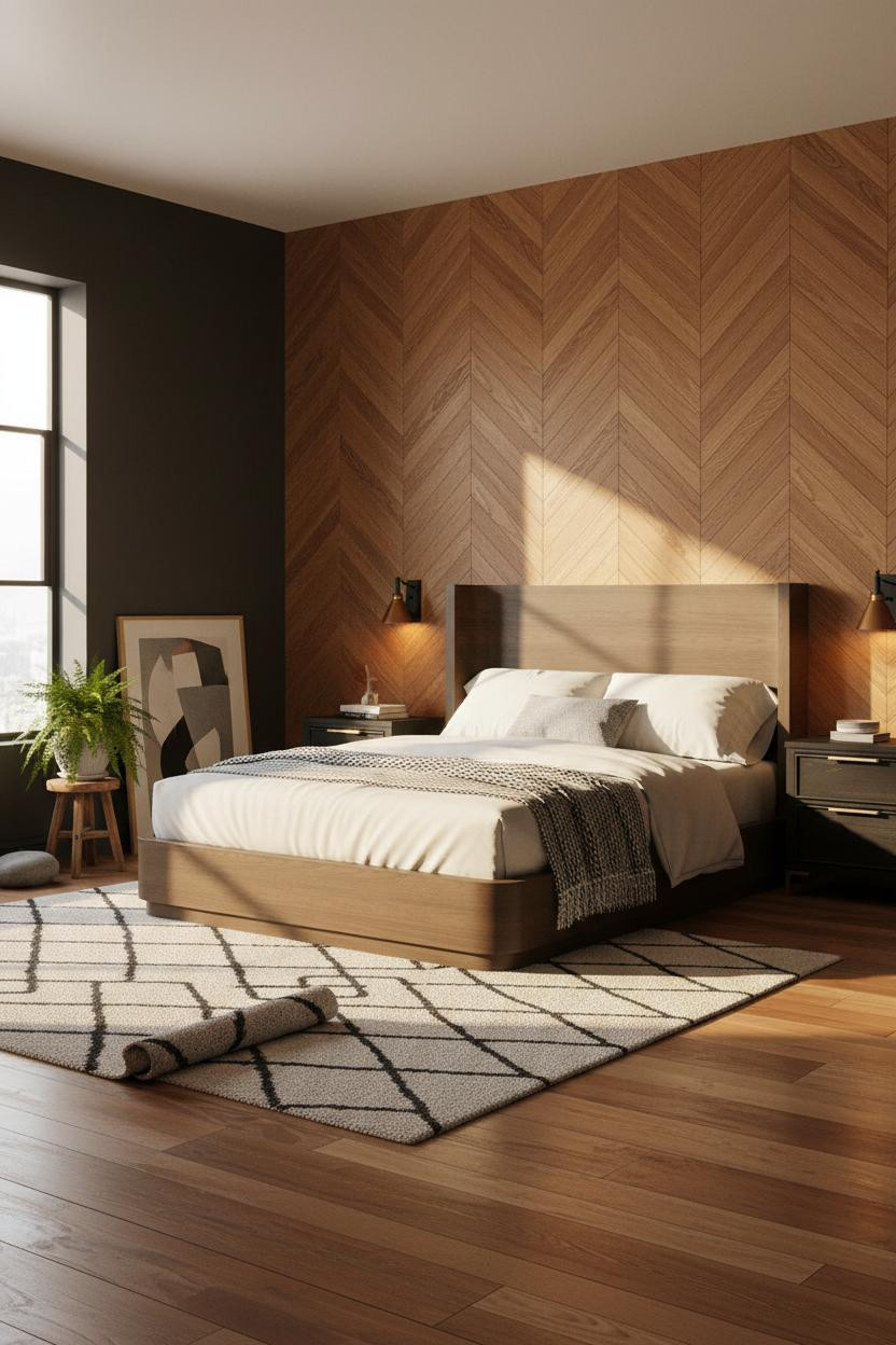 Black Oak Bedroom Herringbone Accent Wall
