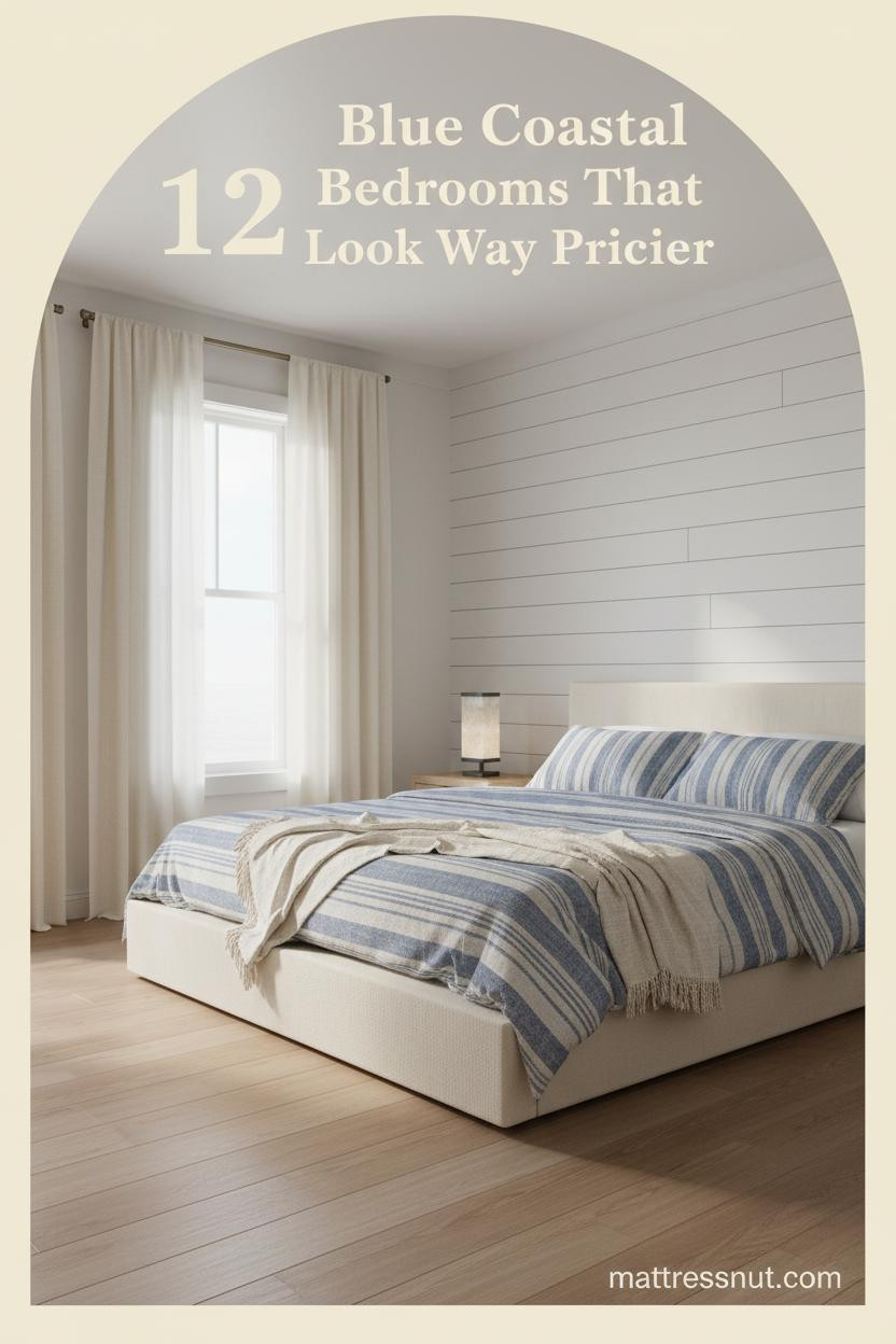 Coastal bedroom with chalky shiplap wall, bleached oak floors, striped linen bedding, ivory curtains, and antique brass lamp on pale wood nightstand