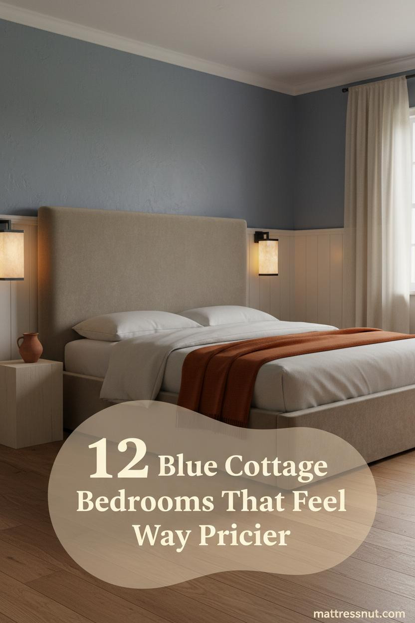 Blue-grey plaster walls with cream wainscoting, honey oak floors, ivory linen bedding, burnt orange throw, and warm amber sconce lighting in a cozy cottage bedroom