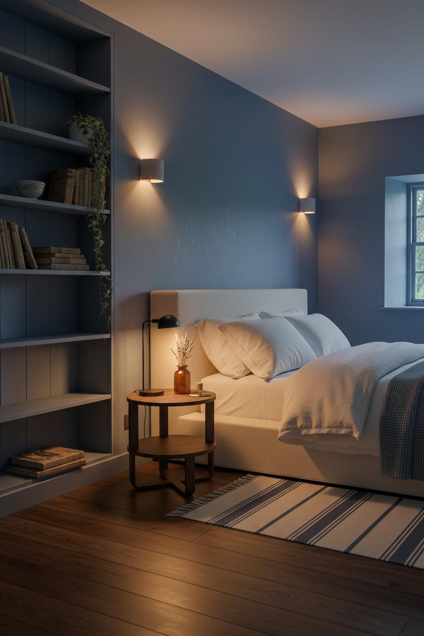 Blue Cottage Bedroom Indigo Walls Vintage Shelving