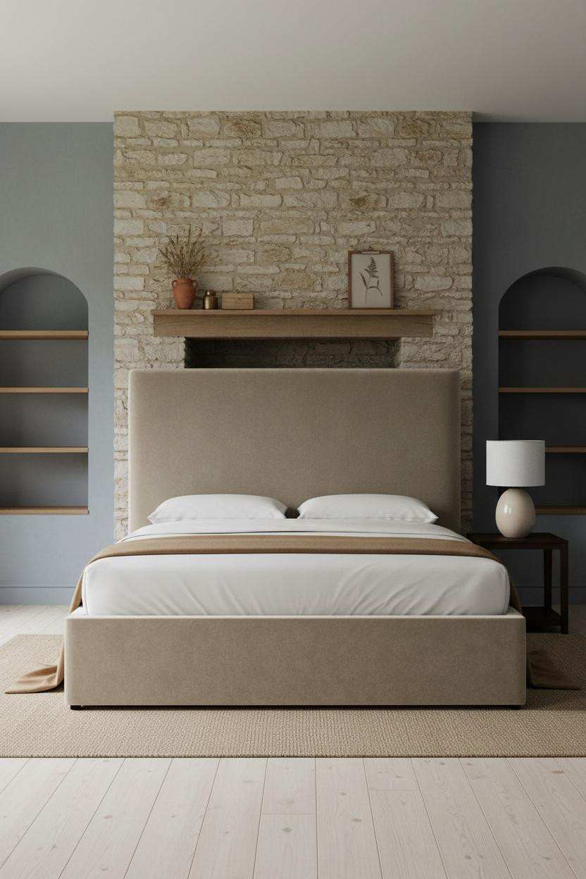 Blue Cottage Bedroom Stone Fireplace Mantle