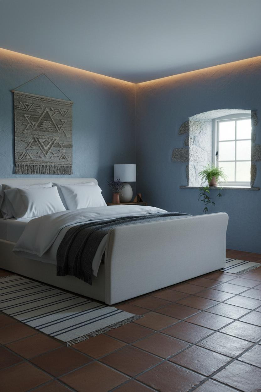 Blue Cottage Bedroom Stone Window Vintage