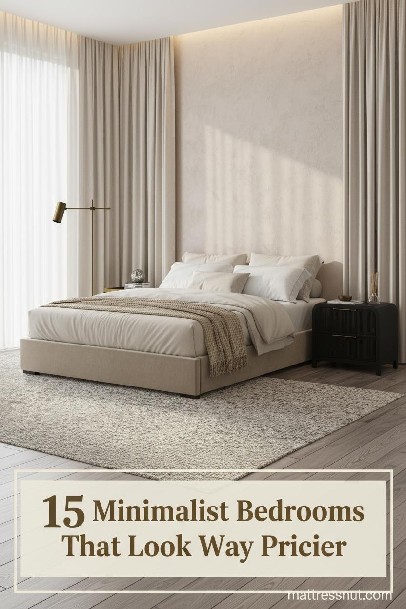 Minimalist bedroom with sand plaster accent wall, bleached oak floors, ivory linen sheers, stone-washed bedding, and warm cove lighting
