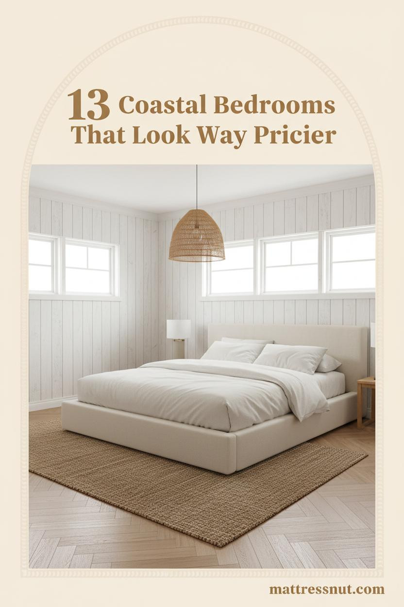 Coastal bedroom with whitewashed plank walls, ivory linen bedding, chunky jute rug, rattan pendant, and bleached oak herringbone floors