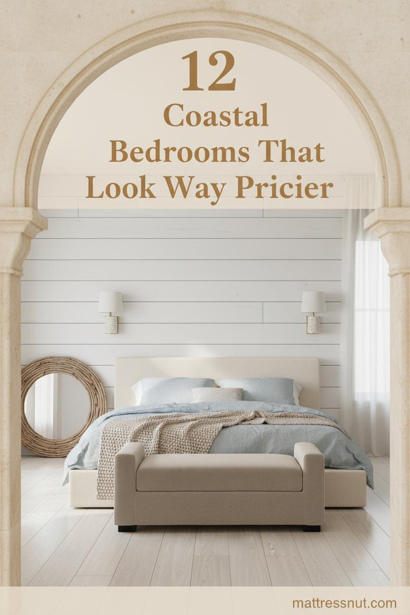 Whitewashed shiplap bedroom with pale blue linen bedding, bleached oak floors, rope driftwood mirror, and warm ceramic sconce lighting