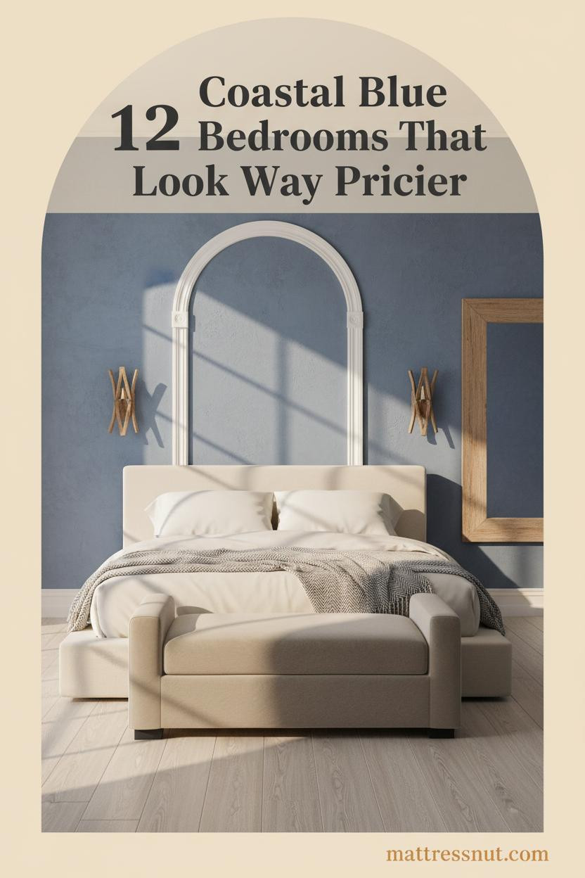 Coastal blue bedroom with soft indigo plaster wall, bleached oak floors, cream percale bedding, driftwood sconces, and arched window morning light