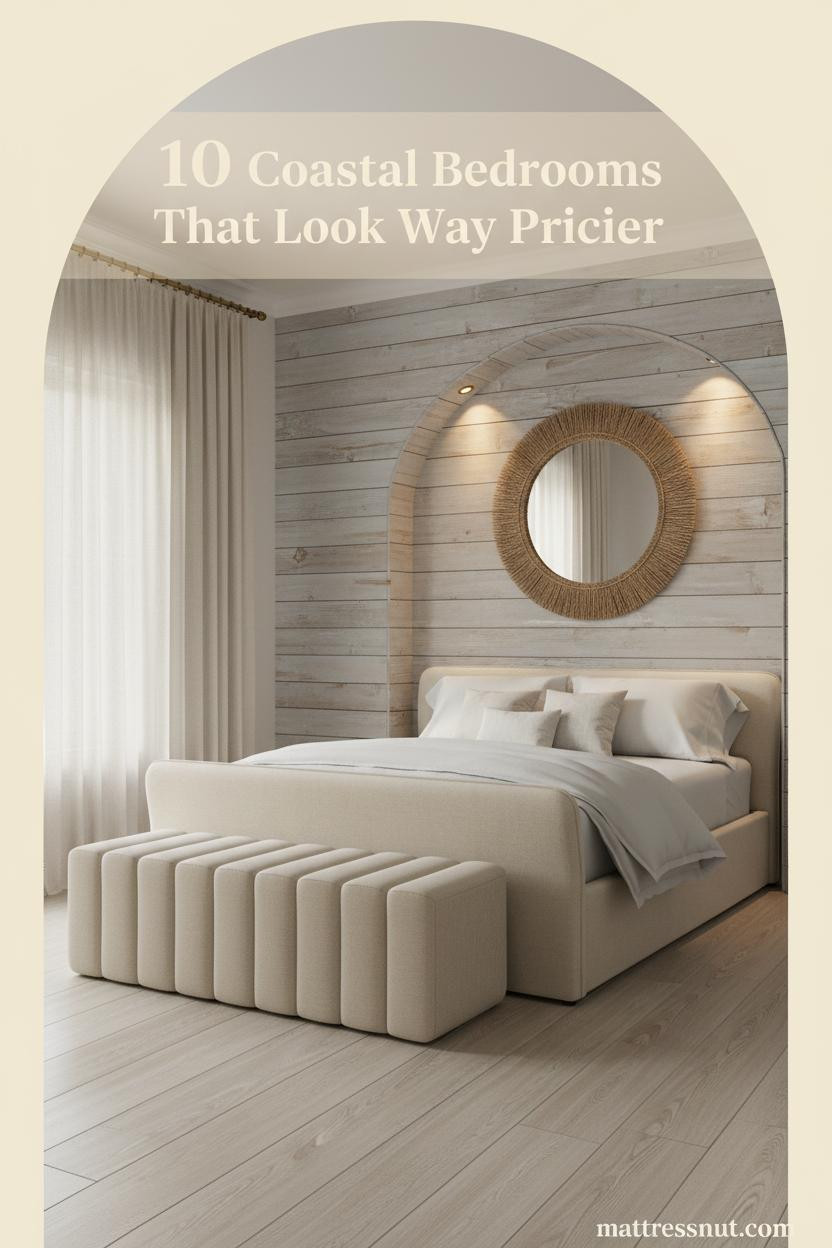 Coastal chic bedroom with pale driftwood shiplap wall, arched niche, ivory linen bedding, bleached oak floors, and gauze curtains in soft morning light