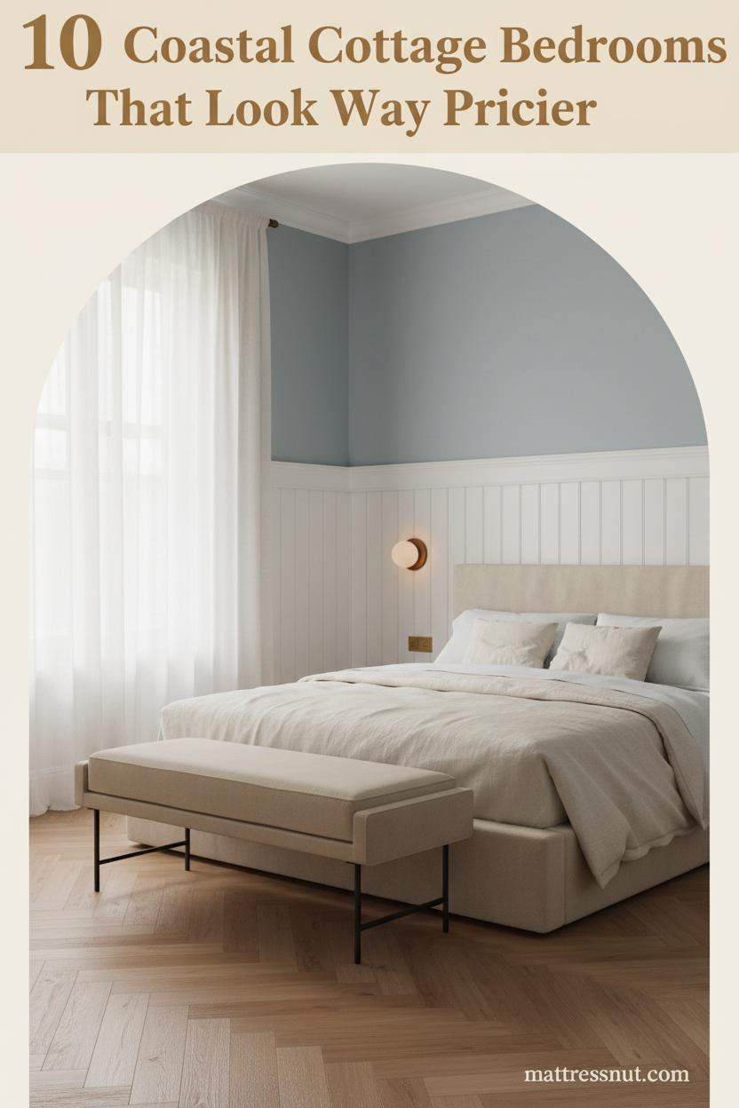 Coastal cottage bedroom with pale blue plaster walls, whitewashed beadboard, honey oak floors, cream linen bedding, and warm amber sconce lighting
