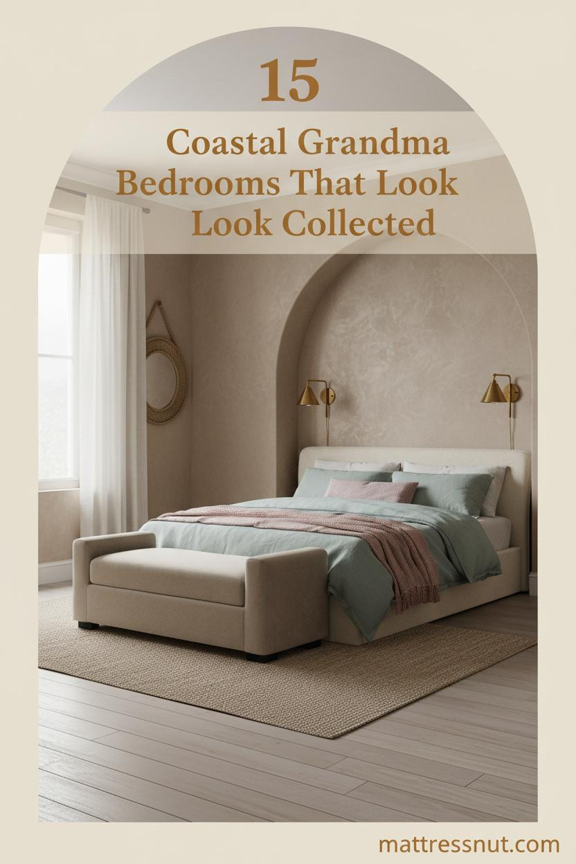 Coastal grandma bedroom with sandy taupe plaster alcove, seafoam linen bedding, brass sconces, rope seagrass mirror, and faded jute rug