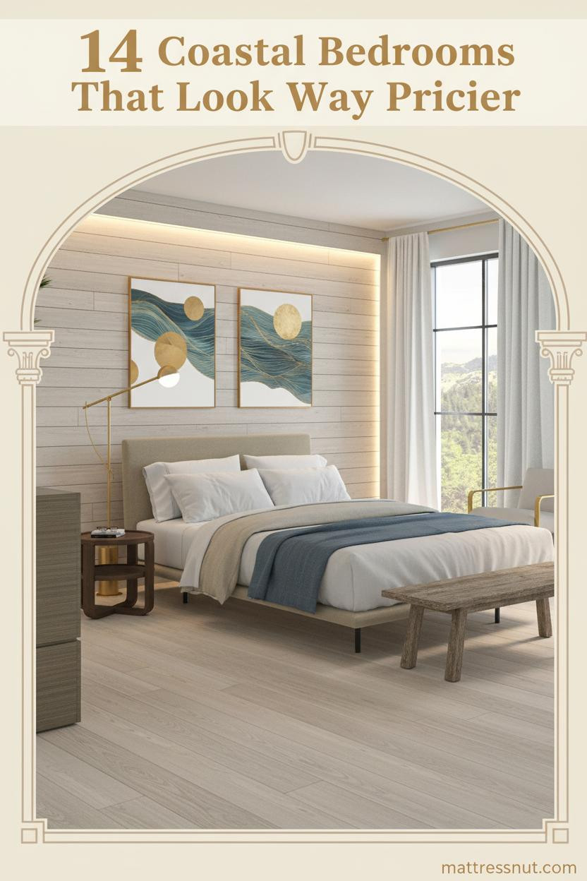Coastal bedroom with pale driftwood slatted wall, oatmeal linen bedding, slate blue throw, bleached oak floors, and soft diffused natural light