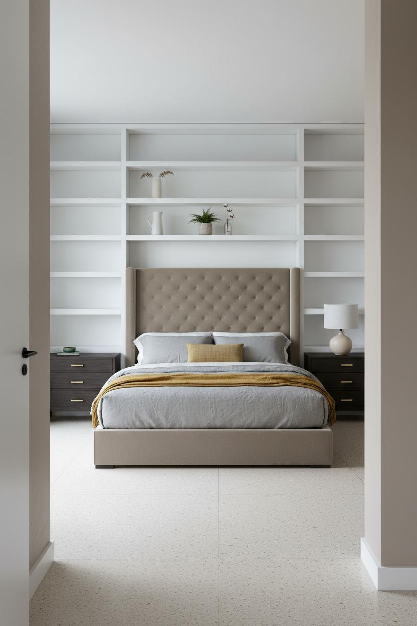 Contemporary Minimalist Bedroom Built In Shelving
