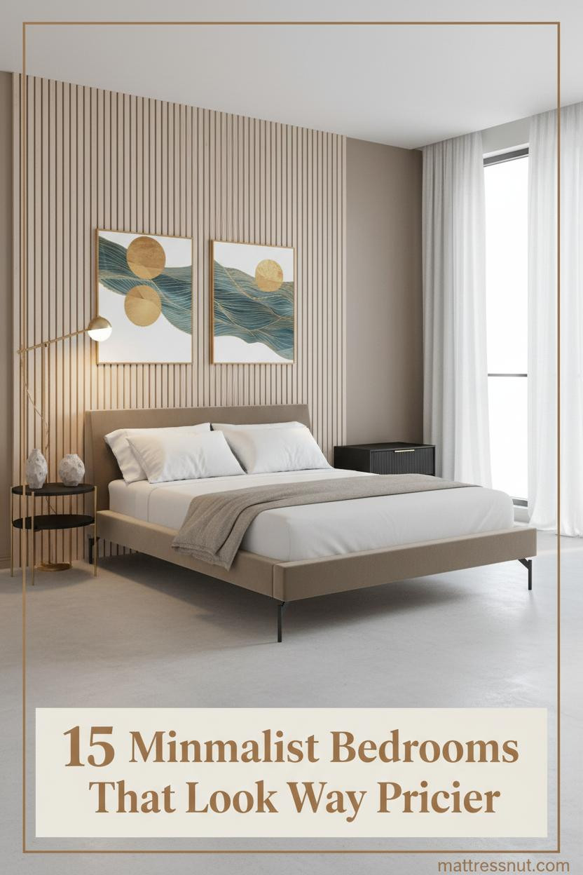 Contemporary minimalist bedroom with pale ash wood slat wall, white percale bedding, slim black nightstand, and linen sheers filtering cool north light