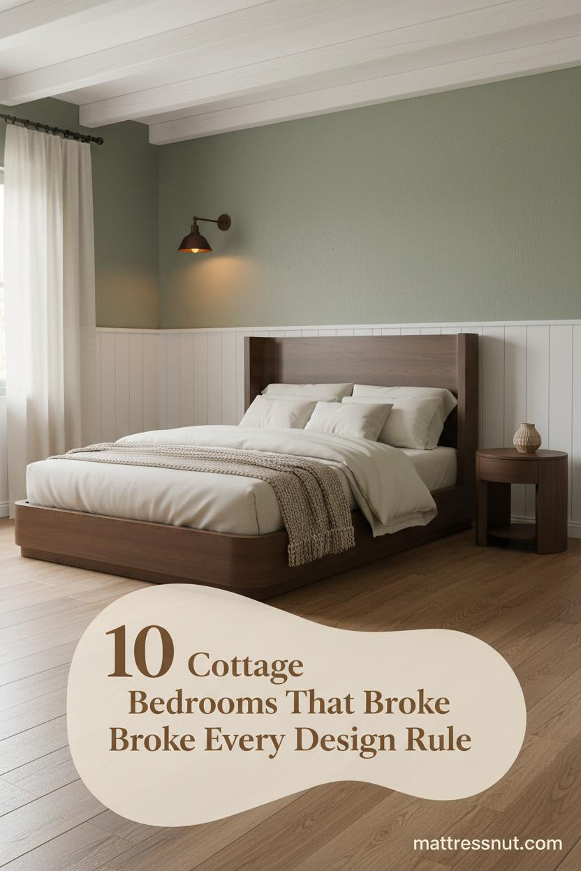 Cosy cottage bedroom with sage plaster walls, whitewashed beamed ceiling, cream linen bedding, oatmeal knit throw, and warm amber iron wall sconce lighting