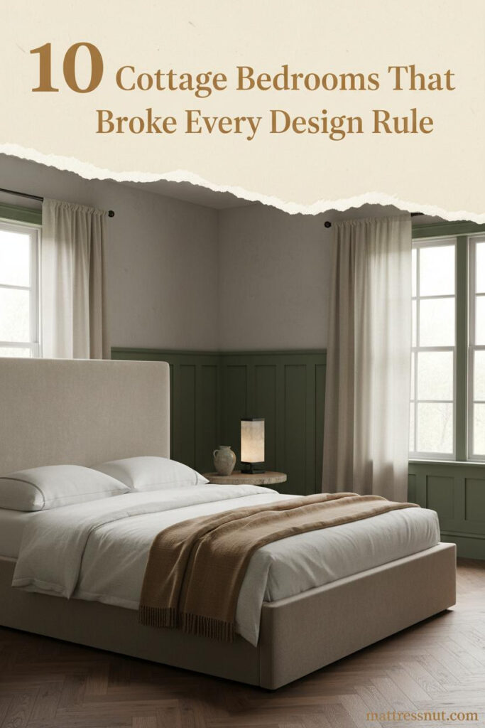 Cosy cottage bedroom with dove grey lime plaster walls, moss-green wainscoting, ivory linen bedding, camel wool throw, and warm afternoon light