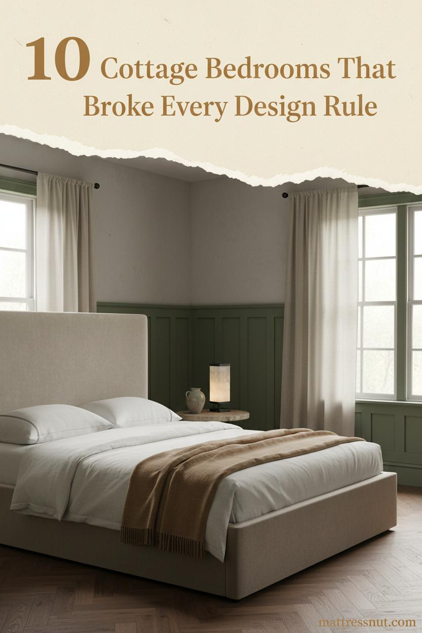 Cosy cottage bedroom with dove grey lime plaster walls, moss-green wainscoting, ivory linen bedding, camel wool throw, and warm afternoon light