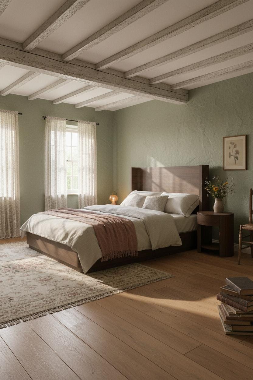 Cottage Bedroom Sage Green Beams