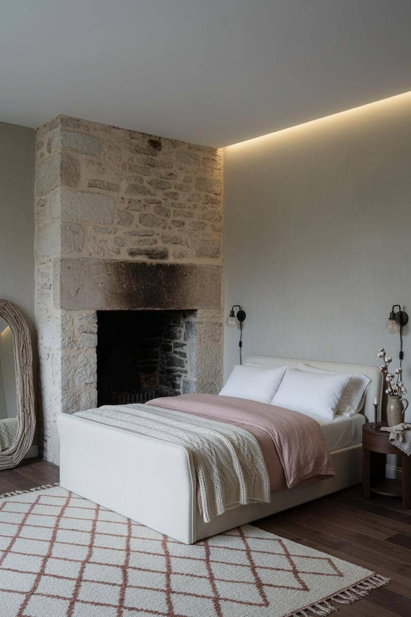 Cottage Bedroom Stone Fireplace Inglenook