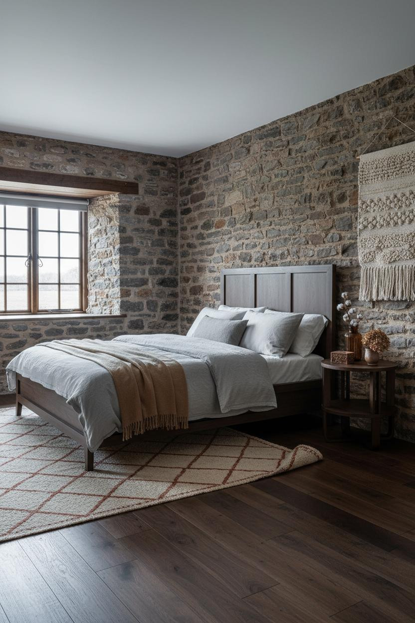 Cottage Bedroom Stone Wall Vintage