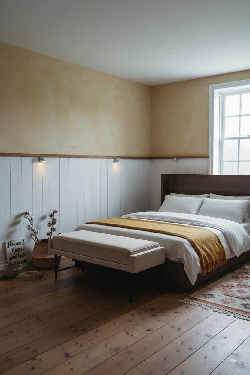 Cottage Bedroom Yellow Limewash Wainscoting