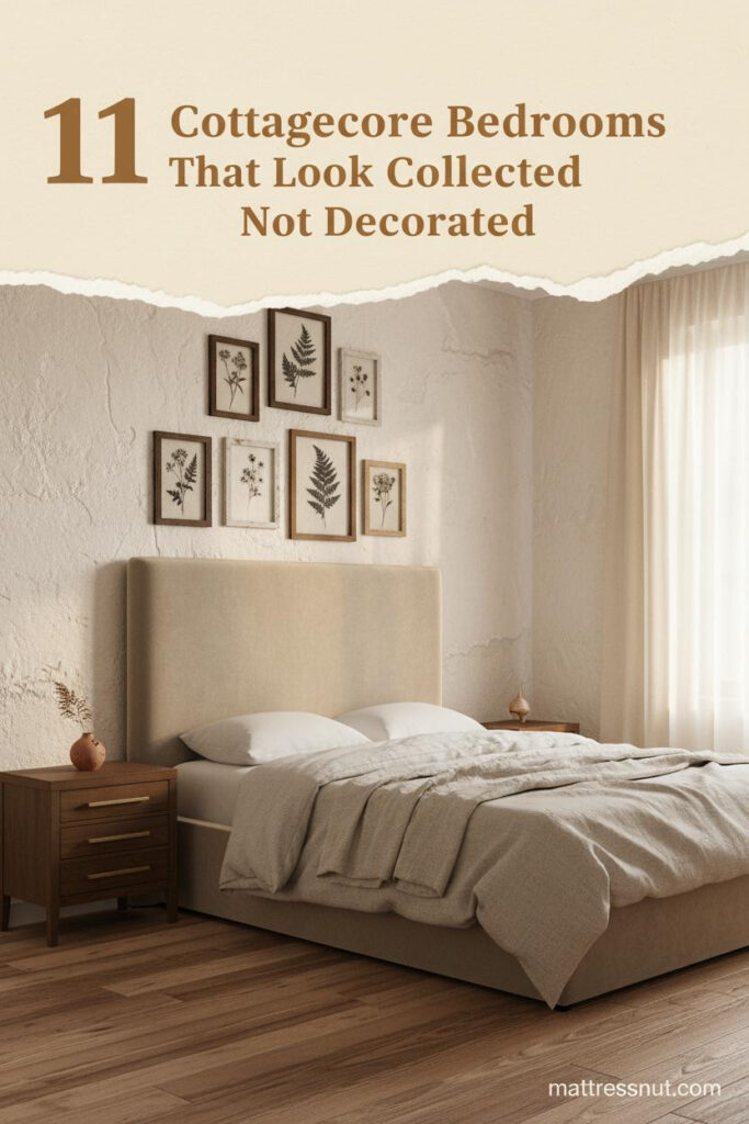 Cottagecore bedroom with aged plaster wall, botanical frames, oatmeal linen bedding, muslin curtains, and dried stems in terracotta vessel