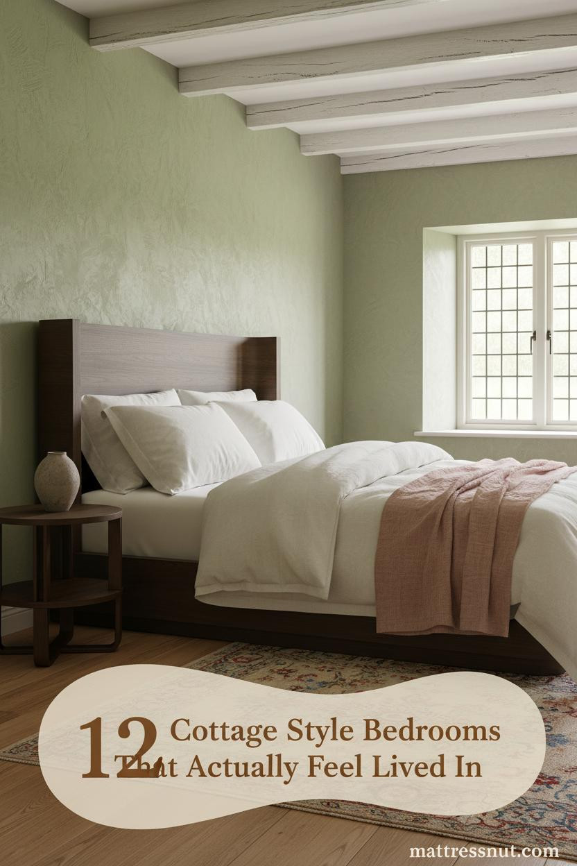Sage plaster walls, whitewashed oak beams, ivory cotton bedding with dusty rose throw, leaded casement window, cosy vintage cottage bedroom