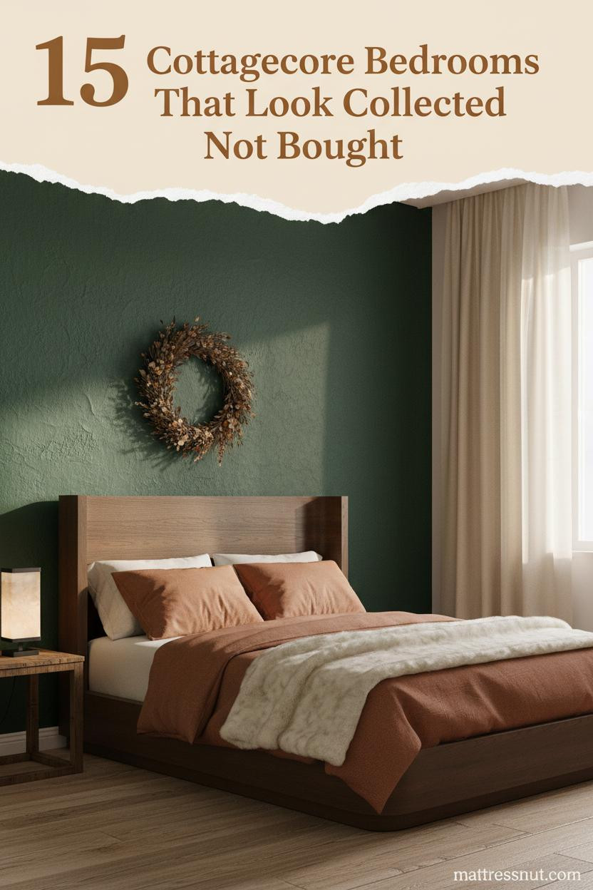 Cottagecore bedroom with forest green lime plaster wall, carved wood headboard, stone-washed linen bedding, dried botanical wreath, and warm amber light