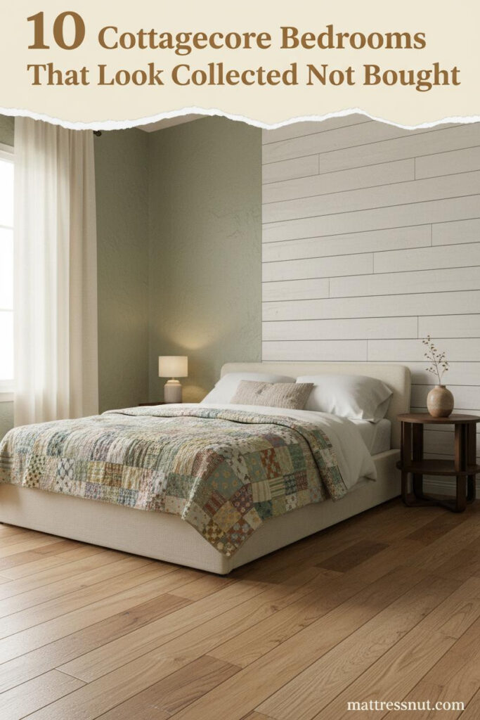 Cottagecore bedroom with sage plaster walls, shiplap planks, oatmeal linen bedding, faded patchwork quilt, and dried botanicals on a stoneware nightstand