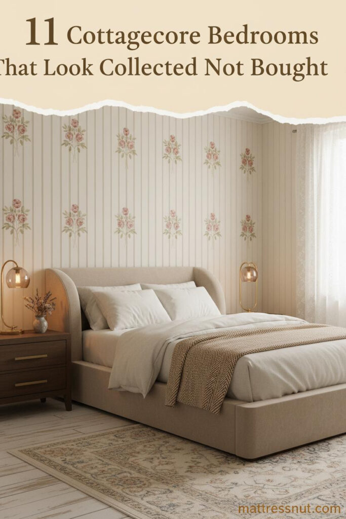 Cottagecore bedroom with aged cream board-and-batten walls, ivory linen bedding, herringbone throw, dried botanicals, and antique brass lamp glow