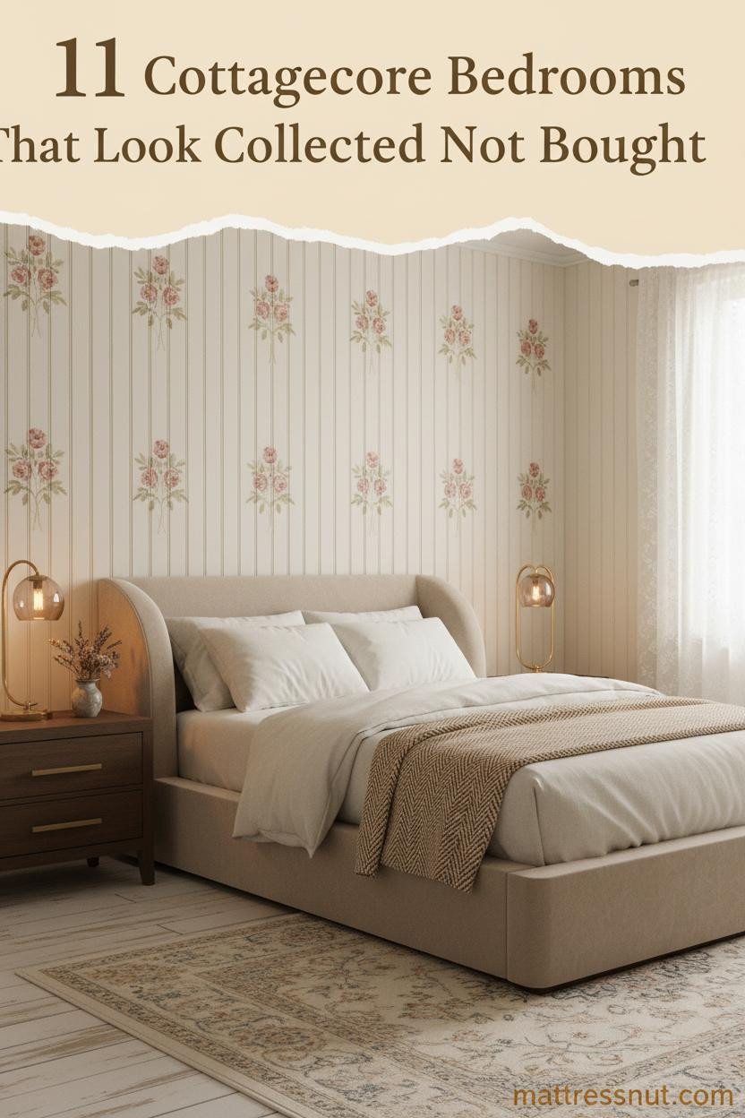 Cottagecore bedroom with aged cream board-and-batten walls, ivory linen bedding, herringbone throw, dried botanicals, and antique brass lamp glow