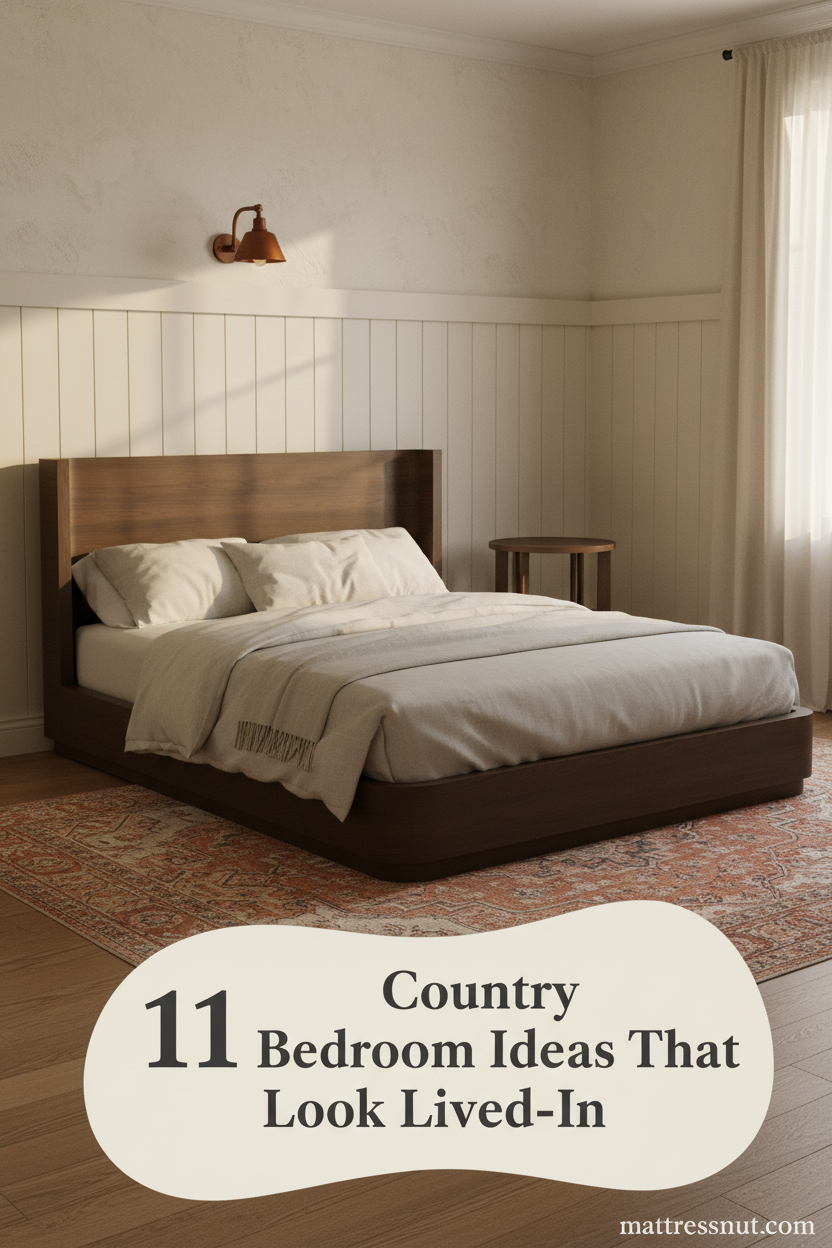 Warm country bedroom with cream board-and-batten paneling, oak plank floors, layered linen bedding, Persian rug, and amber iron sconce lighting
