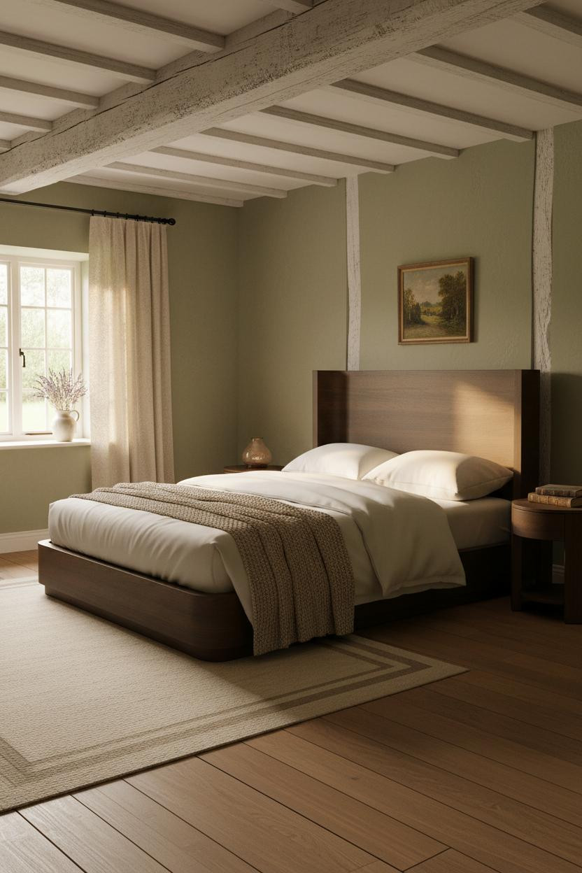 Country Cottage Bedroom Golden Light Exposed Beams