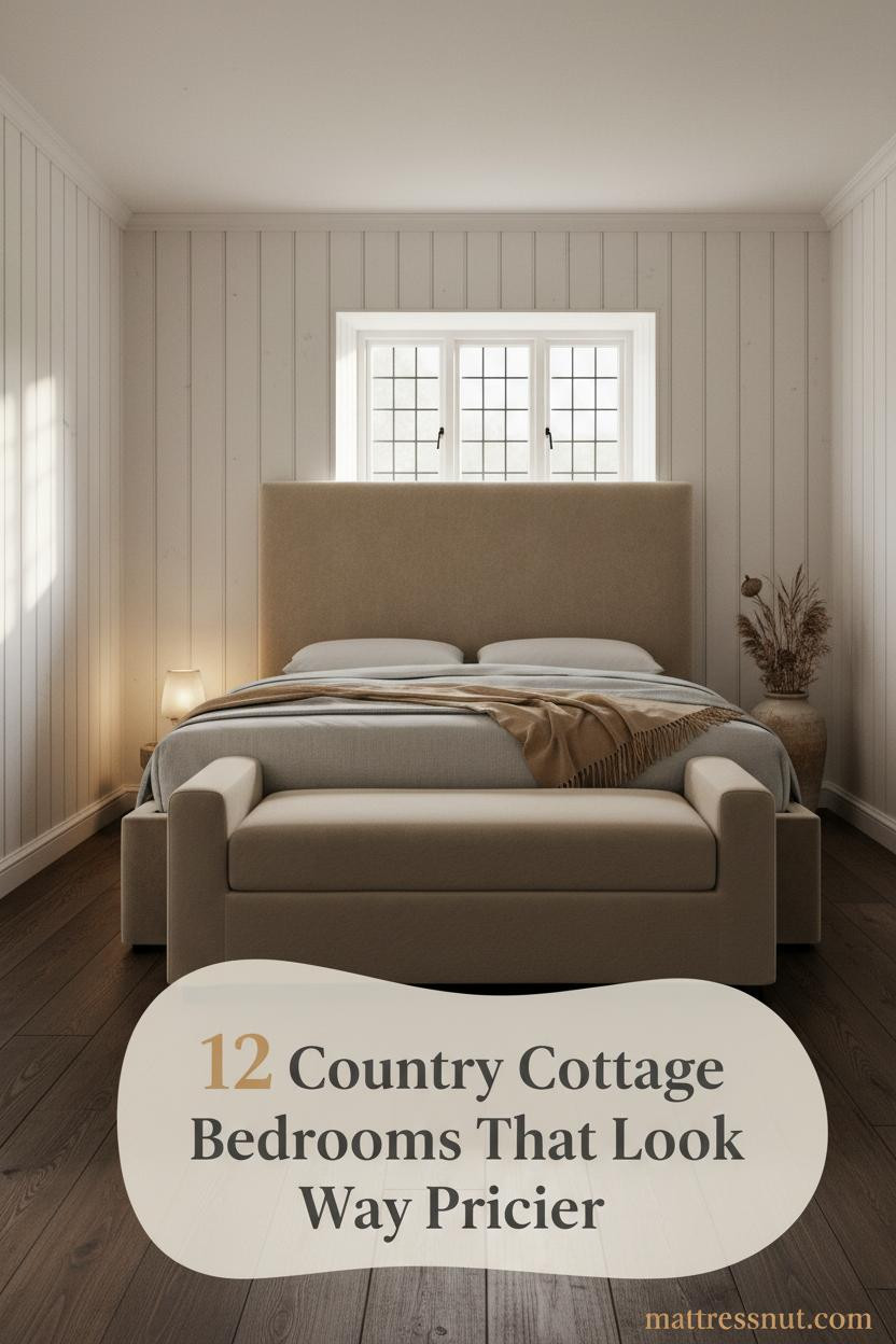 Country cottage bedroom with lime-washed board-and-batten panelling, stone-grey linen bedding, camel wool throw, and dried botanicals in stoneware