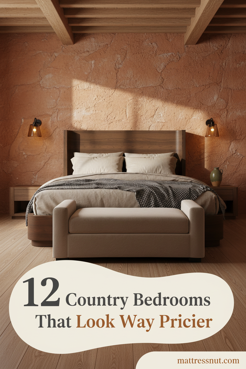 Country farmhouse bedroom with terracotta plaster walls, oak flooring, oatmeal linen duvet, charcoal wool throw, and warm amber ceramic wall sconces