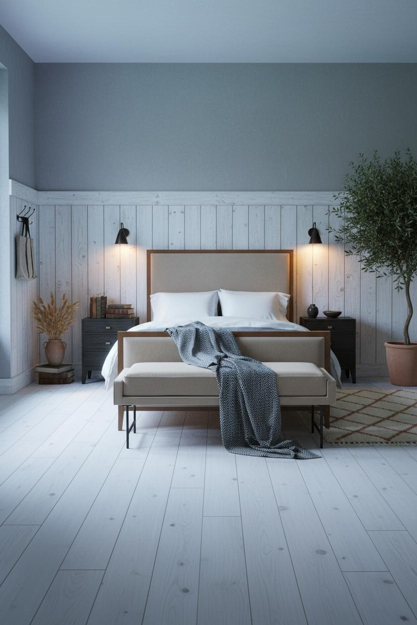 Country Farmhouse Bedroom Whitewashed Wainscoting Morning Light