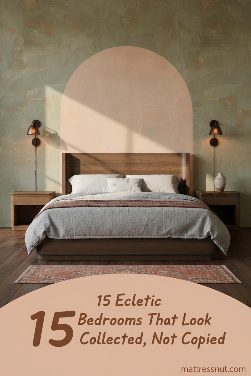 Cozy eclectic bedroom with sage plaster walls, dark walnut floors, rust kilim runner, linen bedding, and amber iron sconce lighting