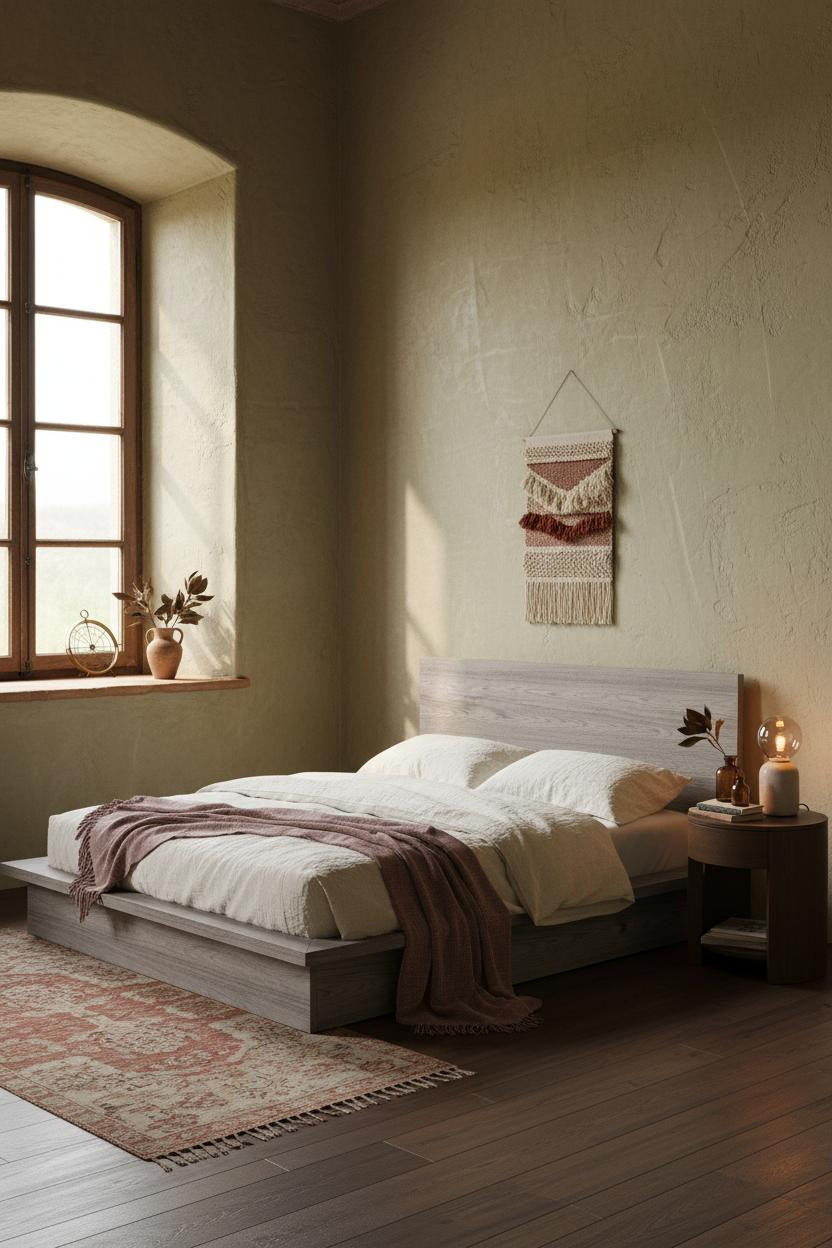 Cozy Eclectic Bedroom Vintage Sage Plaster