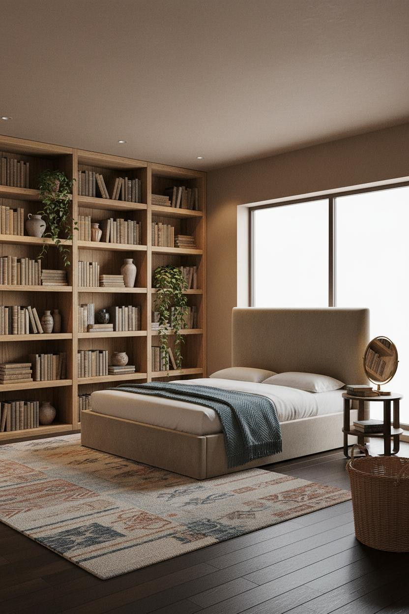 Cozy Eclectic Bedroom Vintage Shelving Design