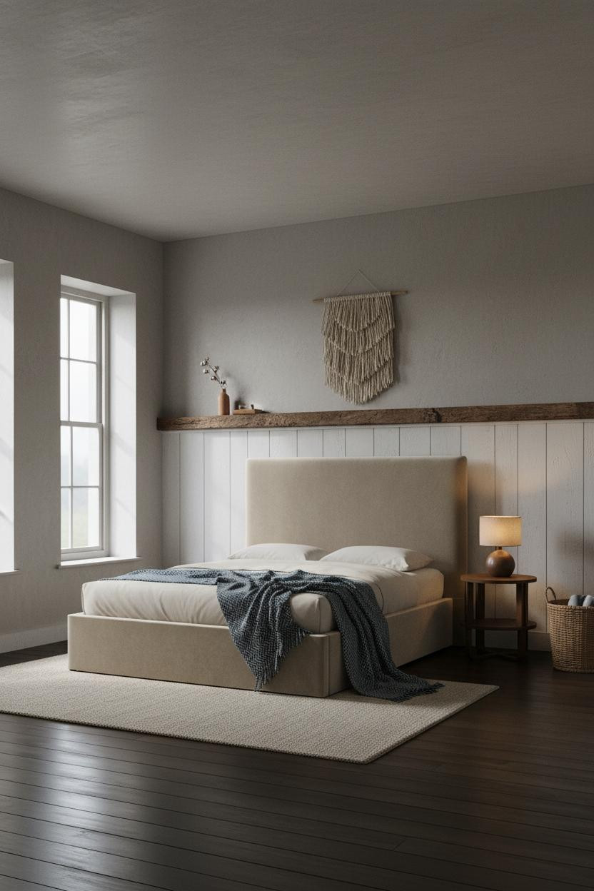 Cozy Farmhouse Bedroom Board Batten Exposed Beam