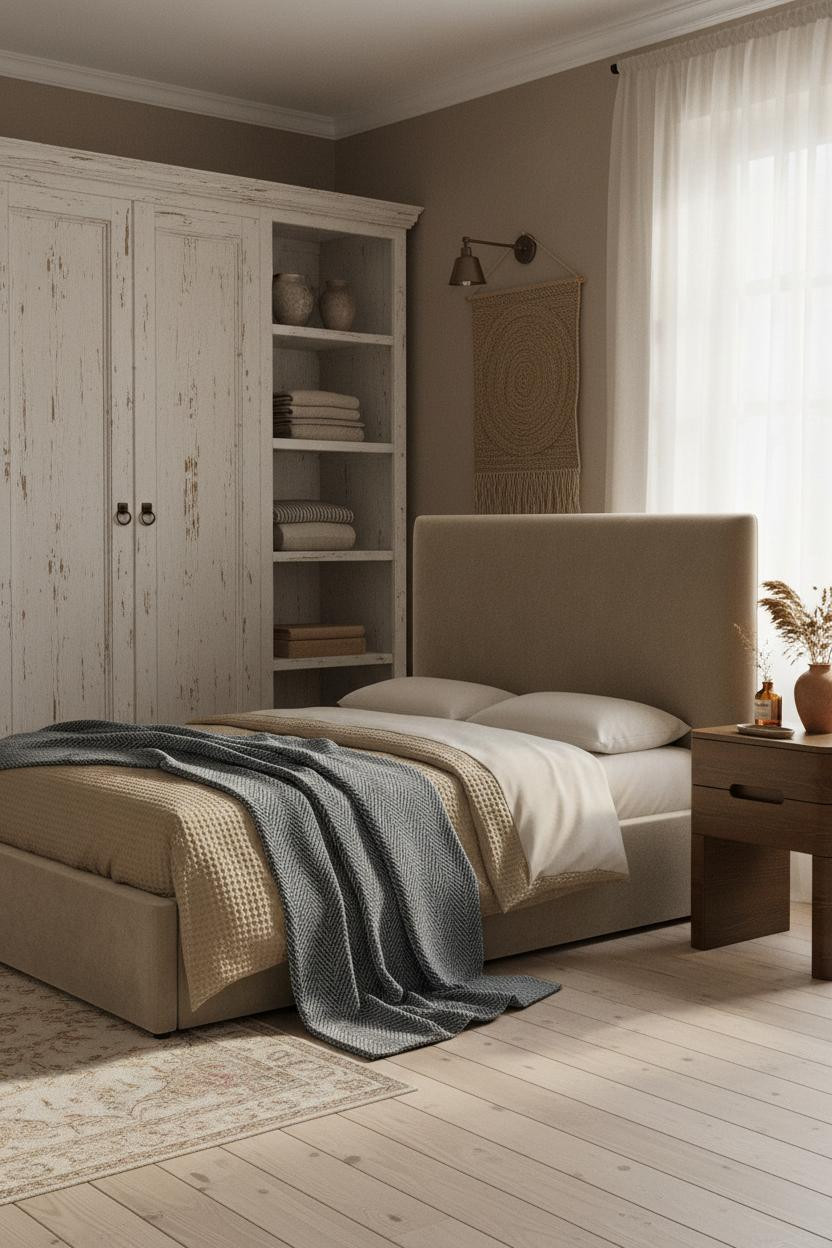 Cozy Farmhouse Bedroom Distressed Armoire