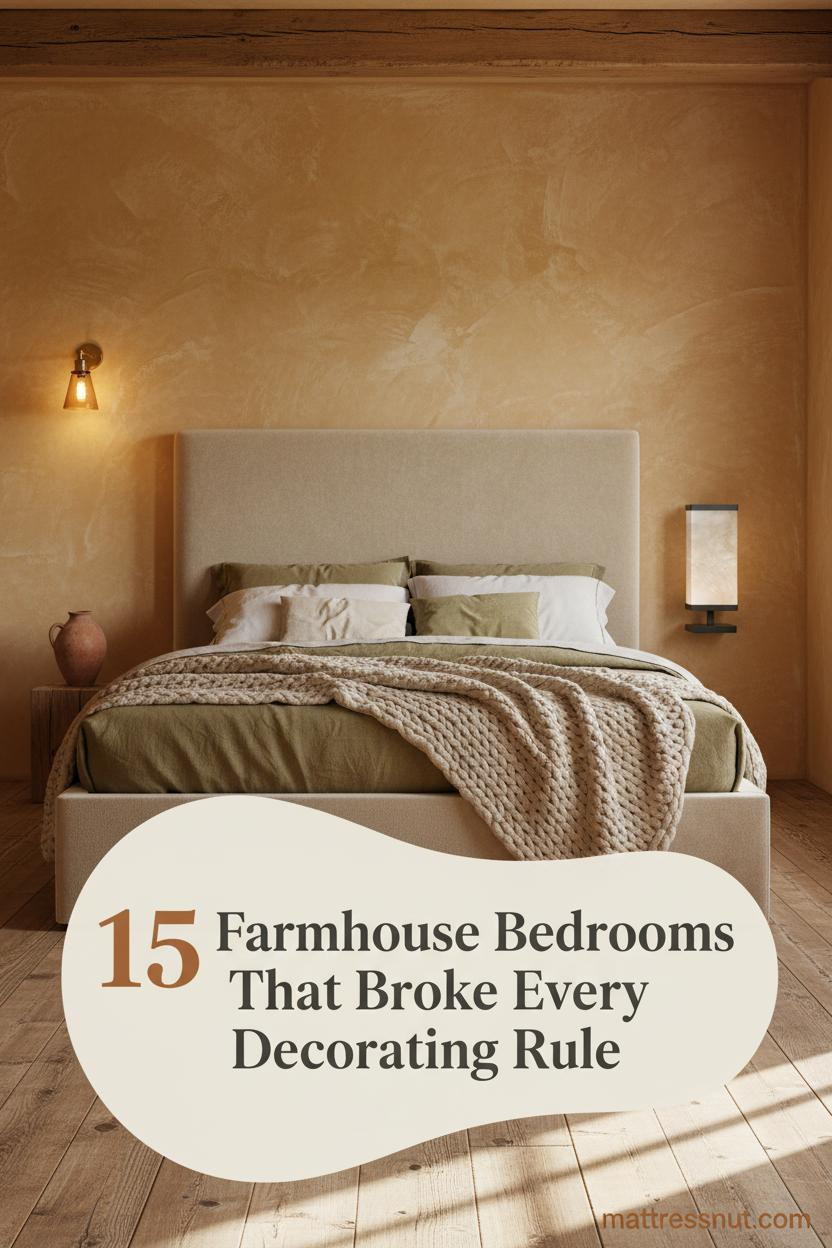 Farmhouse bedroom with honey-ochre plaster walls, timber beam ceiling, reclaimed pine floors, layered linen bedding, and warm amber sconce lighting