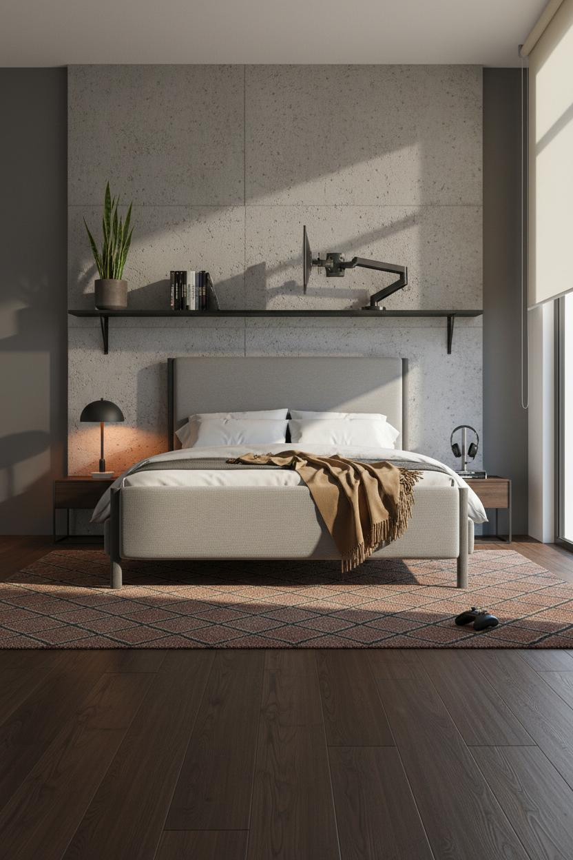 Cozy Gamer Bedroom Concrete Wall Gaming Setup