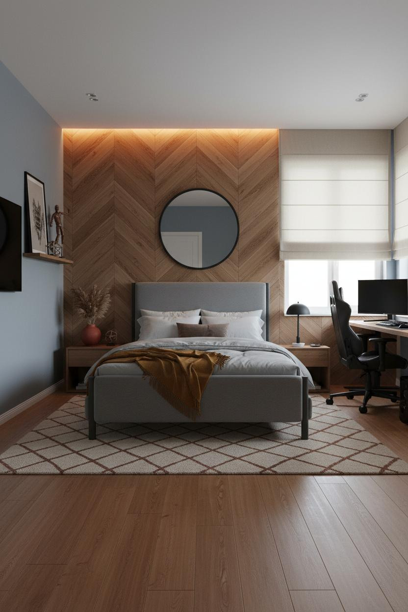 Cozy Gamer Bedroom Herringbone Accent Wall