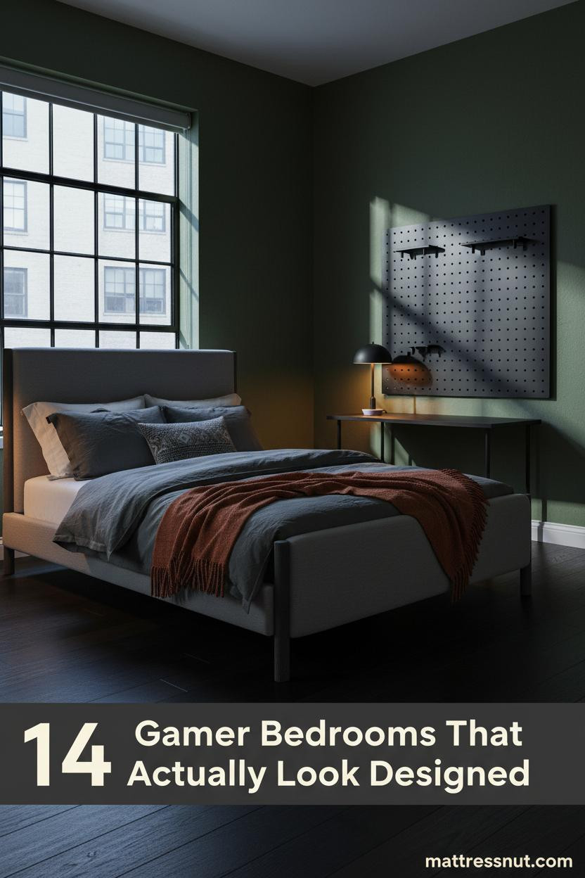Deep olive gamer bedroom with matte black pegboard desk zone, charcoal linen bedding, rust wool throw, and warm amber lamp glow