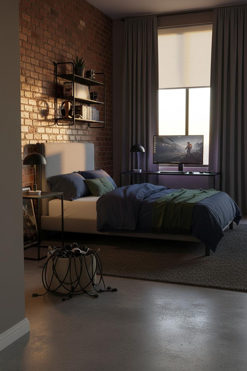 Cozy Gamer Bedroom Industrial Brick